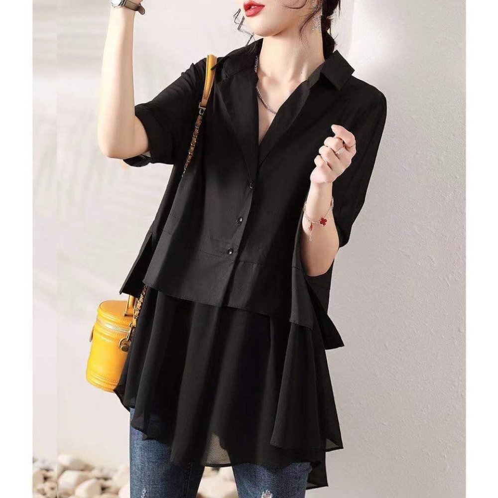 Black Cotton Layered Shirt Top